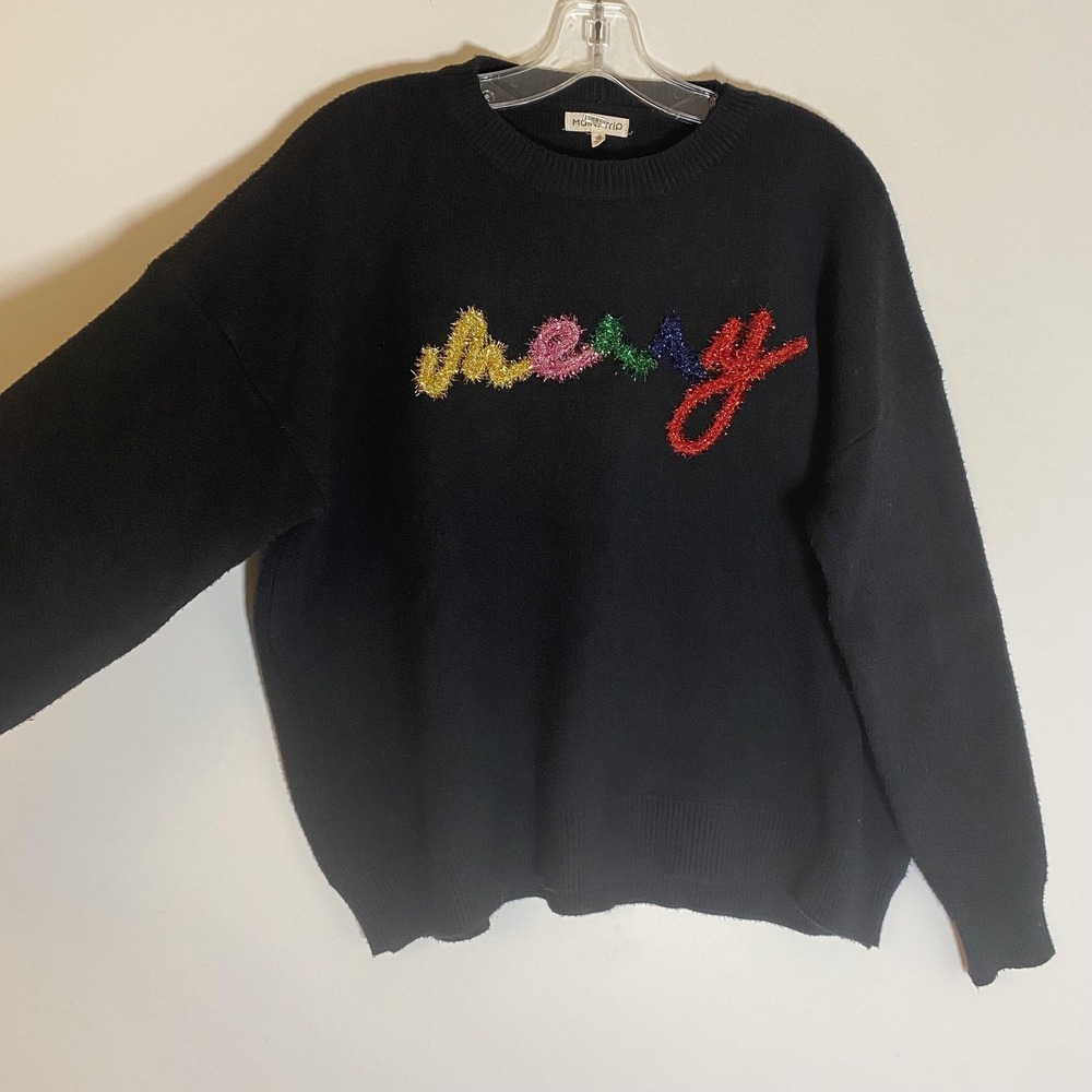 Maintstrip Sweater Womens 1XL Black Merry Christmas Ugly Shiney Pullover Garland - Picture 5 of 15